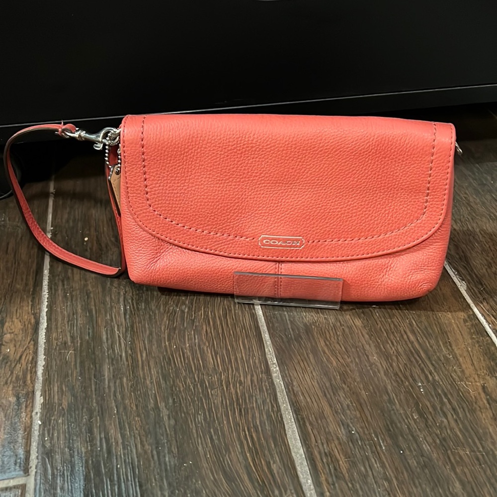 Coach Pebbled Leather Clutch Wristlet - Coral
